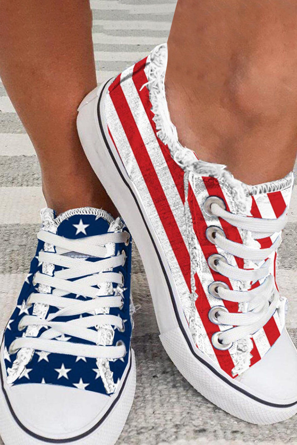a close up of a person's shoes with an american flag design