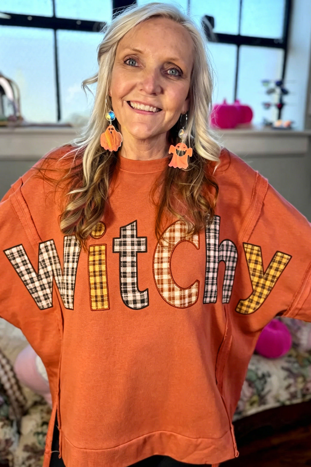 Halloween Witchy Plaid Slogan Embroidered Patch Tunic Sweatshirt