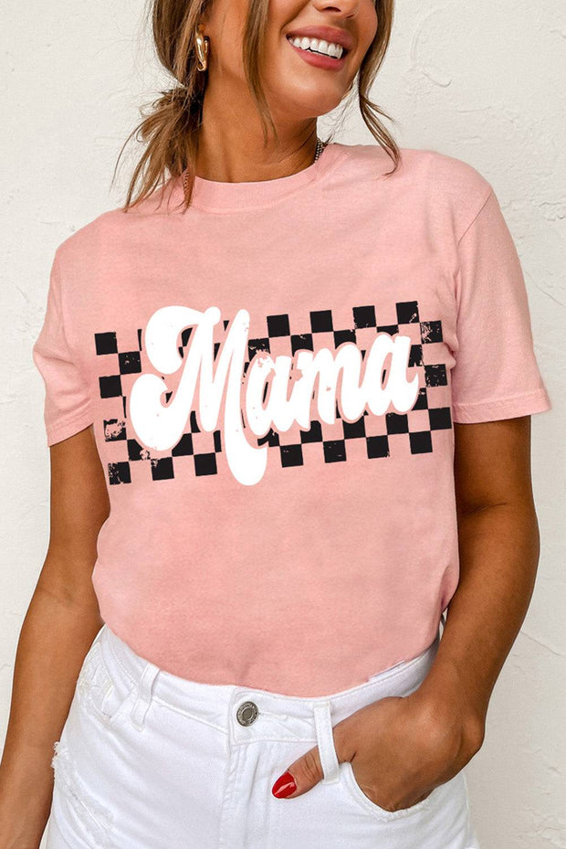 Pink Mama Checkered Graphic O Neck Casual T Shirt - Pink / S