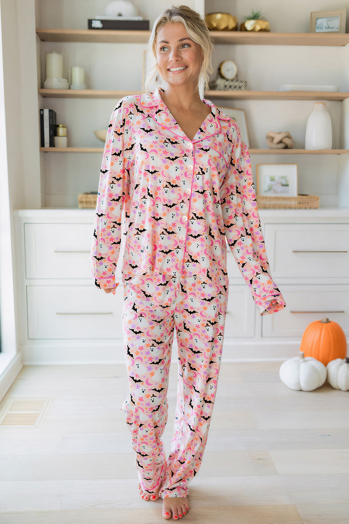 Pink Cute Floral Halloween Ghost Print Long Pajama Set