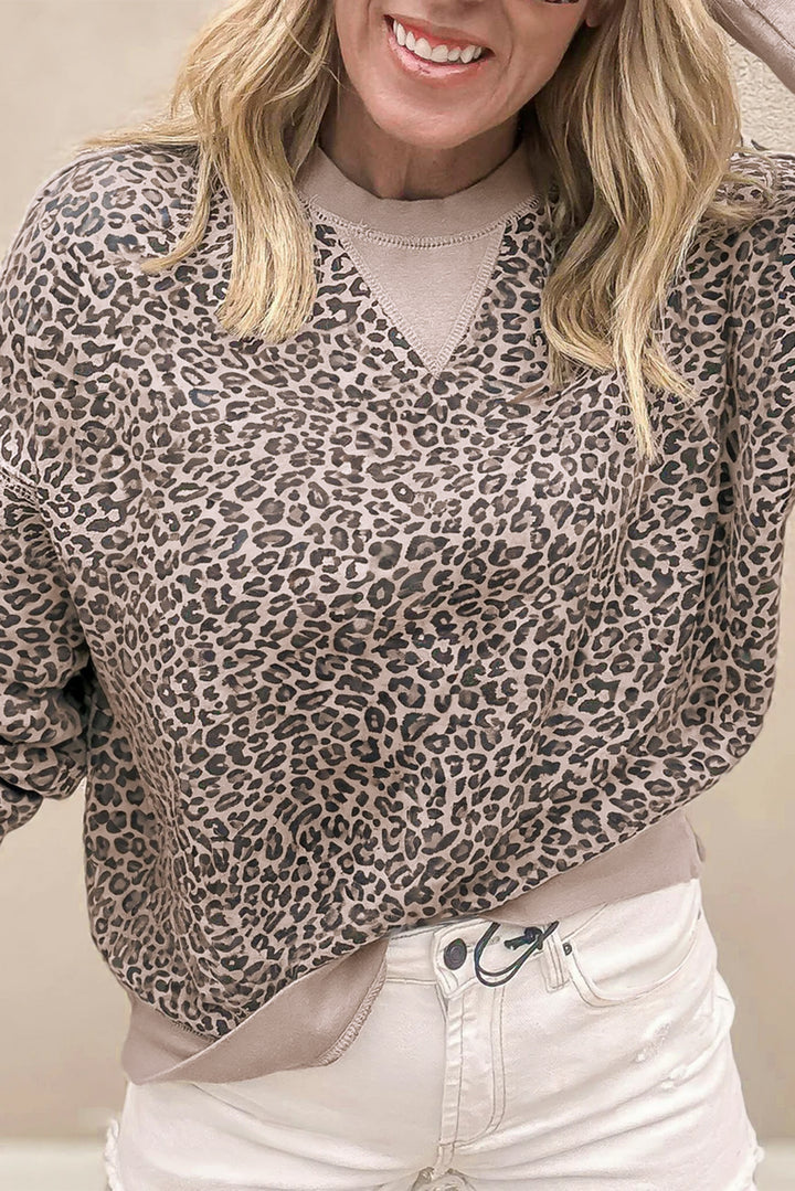 Leopard Print Patchwork Crew Neck Sweatshirt