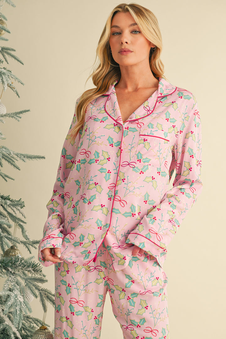 Multicolour Christmas Floral Long Sleeve Shirt and Pants Pajama Set