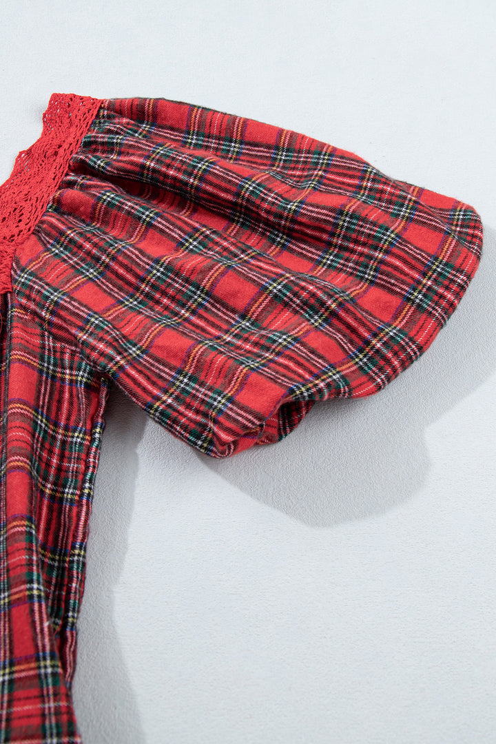 Red Plaid Square Collar Lace Trim Short Sleeve Shift Mini Dress