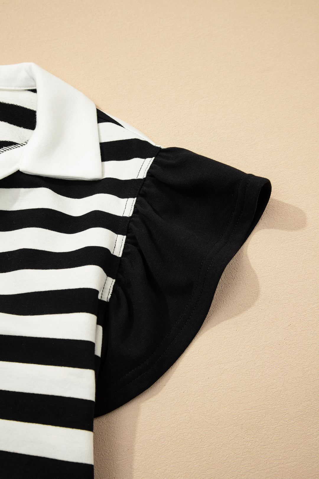 Stripe Collar V Neck Ruffled Short Sleeve Blouse