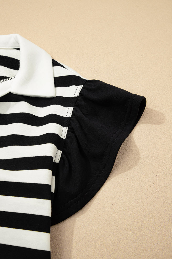 Stripe Collar V Neck Ruffled Short Sleeve Blouse