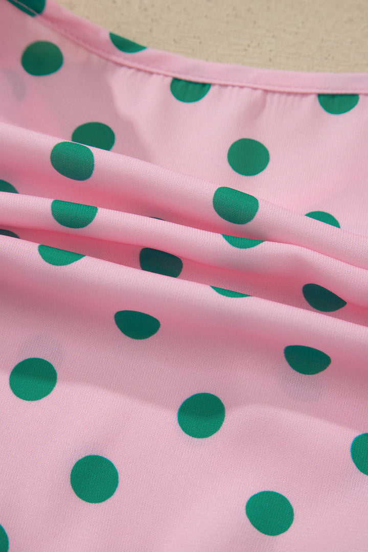 Pink V Neck Polka Dot Print Drawstring Tiered Babydoll Blouse