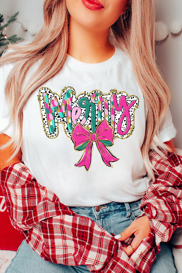 White Animal Spots Merry Letter Bow Printed Crewneck Tee