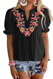 Floral Embroidered Ruffled Puff Sleeve Blouse -
