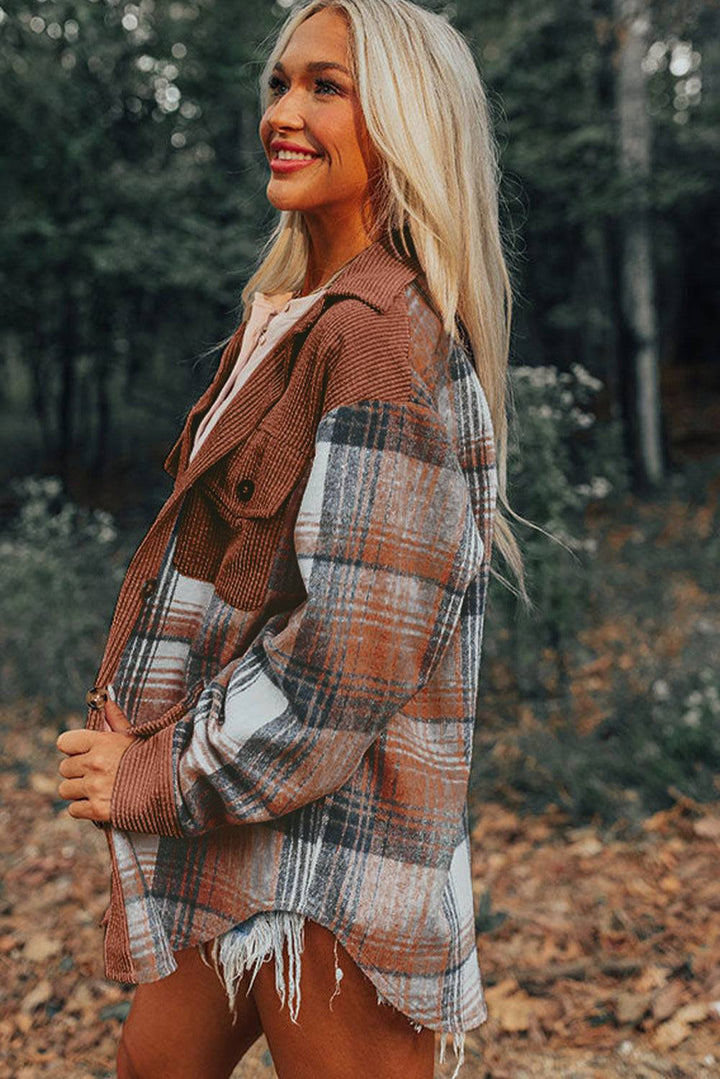 Side view of cinnamon plaid corduroy patchwork shacket with chest pocket, styled for autumn layering. Available at Faith & Co. Boutique.