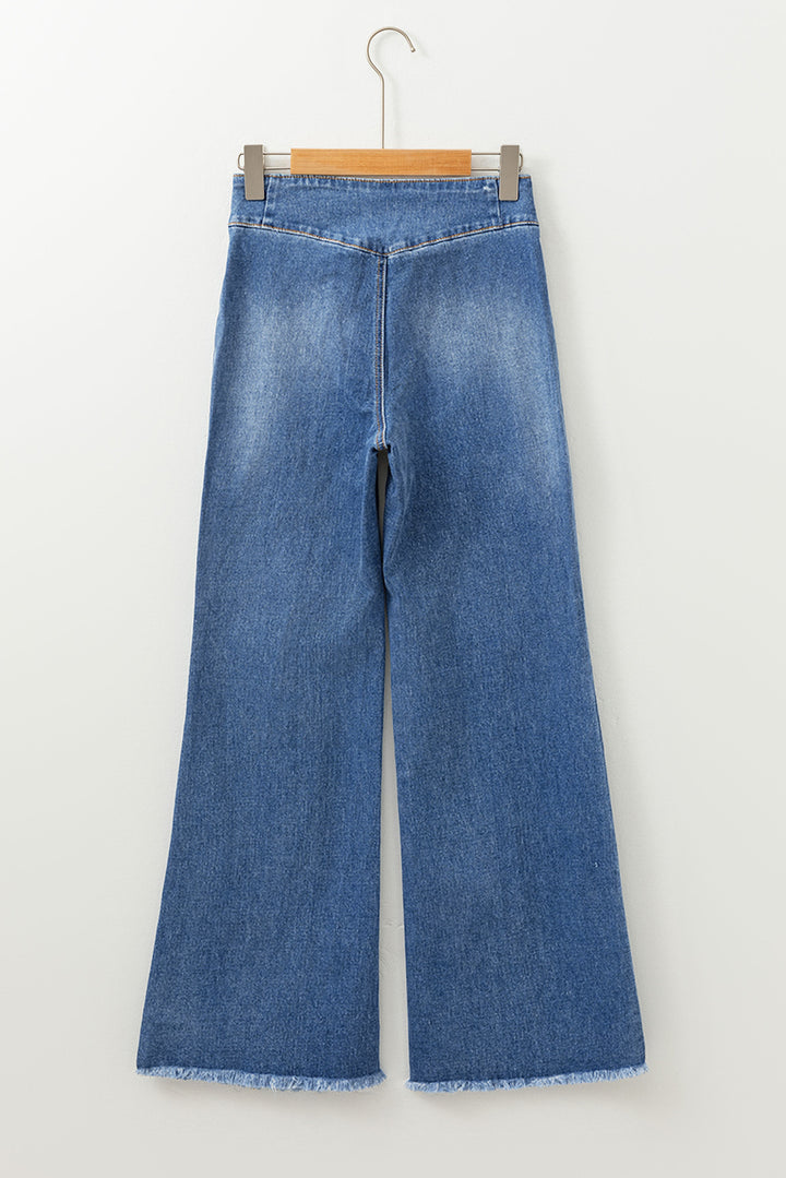 Sail Blue High Waist Button Fly Seamed Raw Hem Flare Jeans