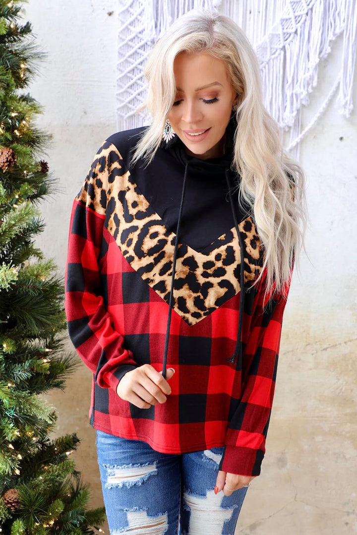 Red Chevron Plaid Leopard Patchwork Turtleneck Sweatshirt