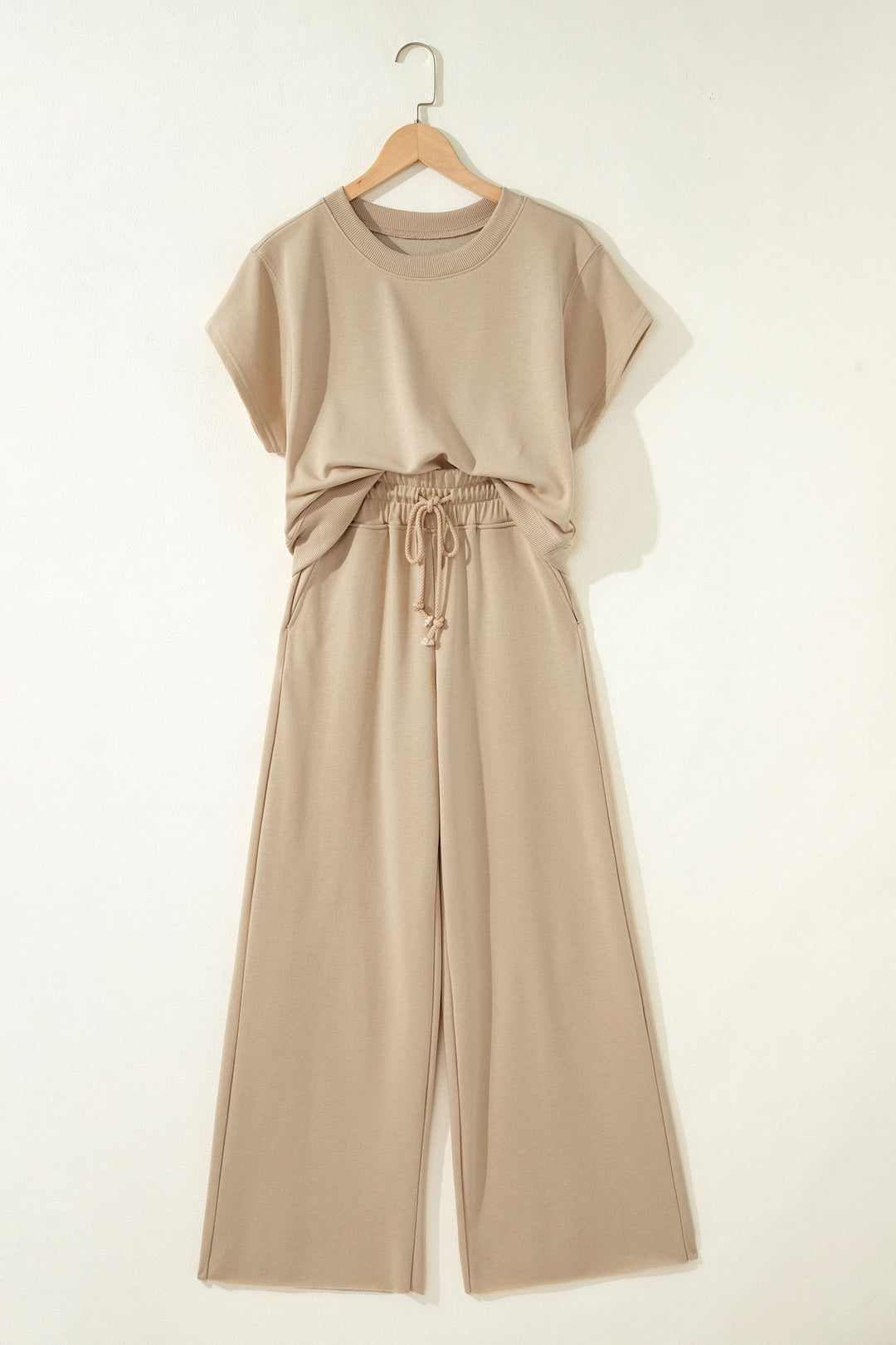 Solid Color Loose Tee Drawstring Wide Leg Pants 2pcs Outfit
