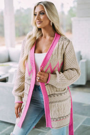 Gray Geometric Cable Knit Pocketed Open Front Cardigan -