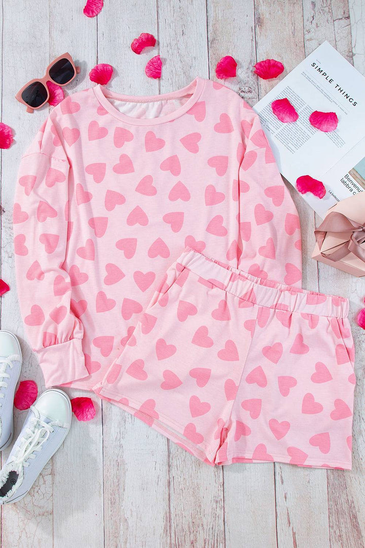 Valentine Heart Shape Print Long Sleeve Top Shorts Lounge Set