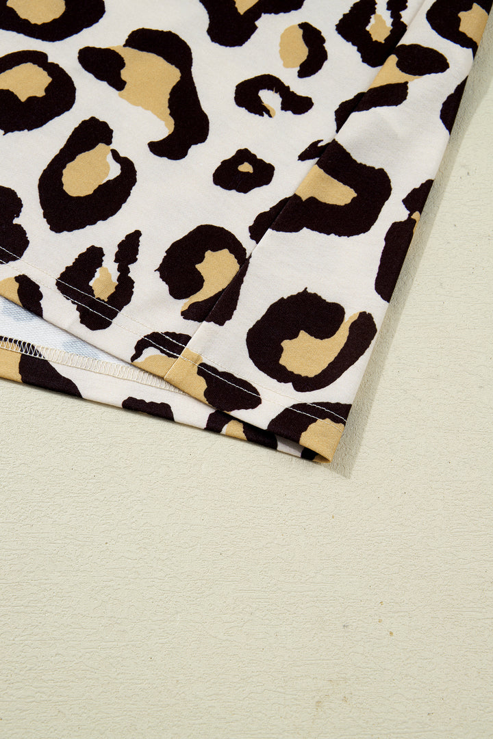 Khaki Leopard Long Sleeve Shift T Shirt Dress with Pockets