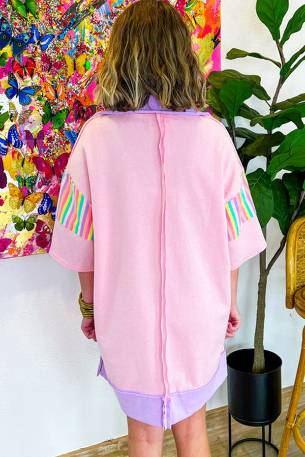 Pink Rainbow Stripe Henley Collar Patchwork Mini Dress