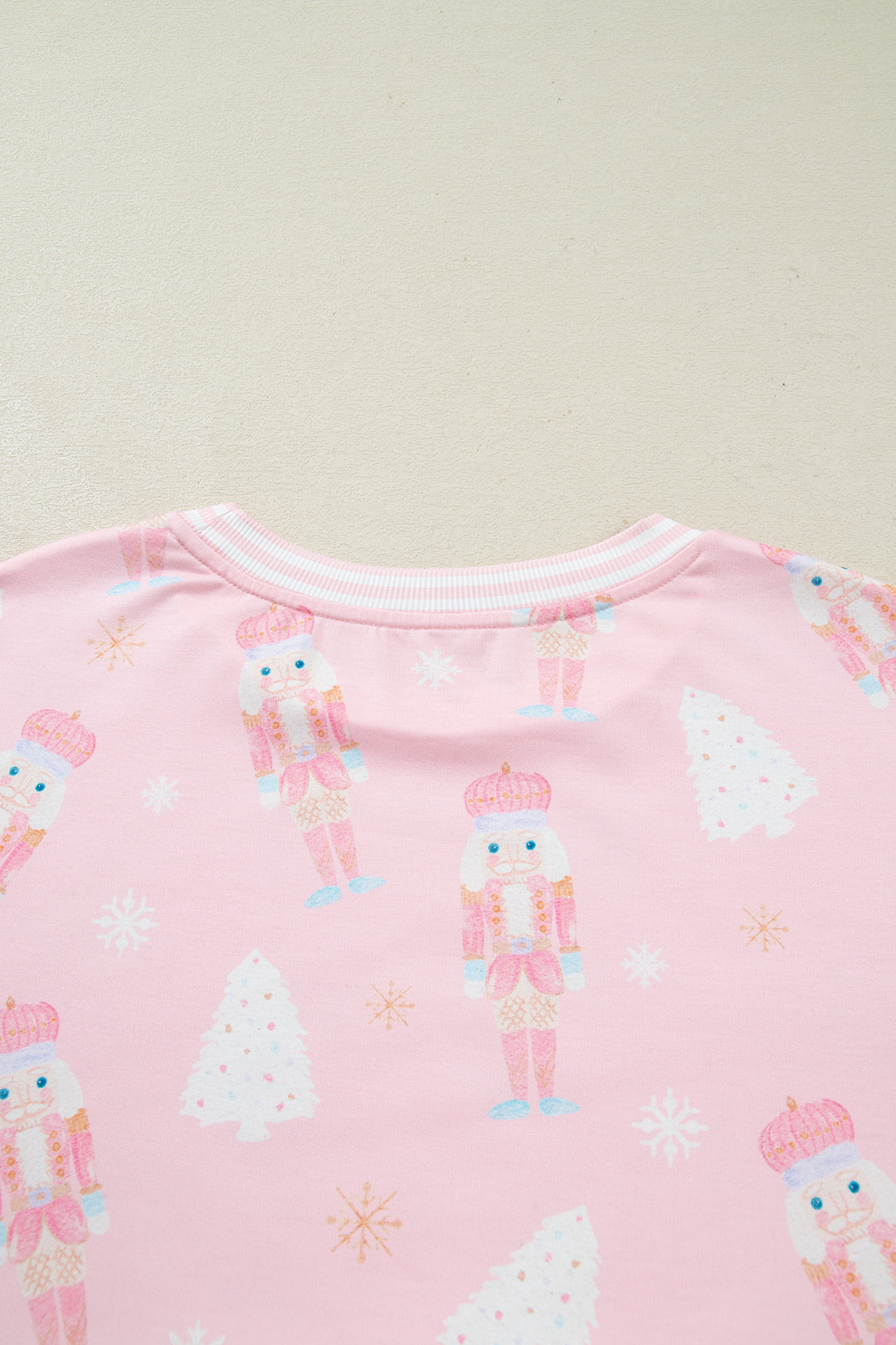 Pink Christmas Tree Nutcracker Doll Print Contrast Trim Long Sleeve Top Matching Shorts Set