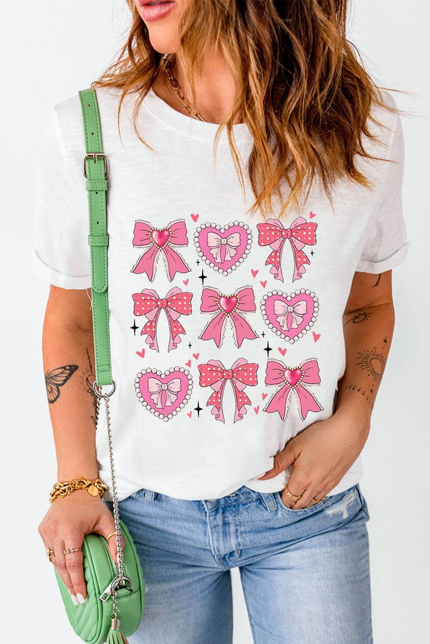 White Sweet Bow Heart Shaped Graphic Crew Neck Tee Faith & Co. Boutique