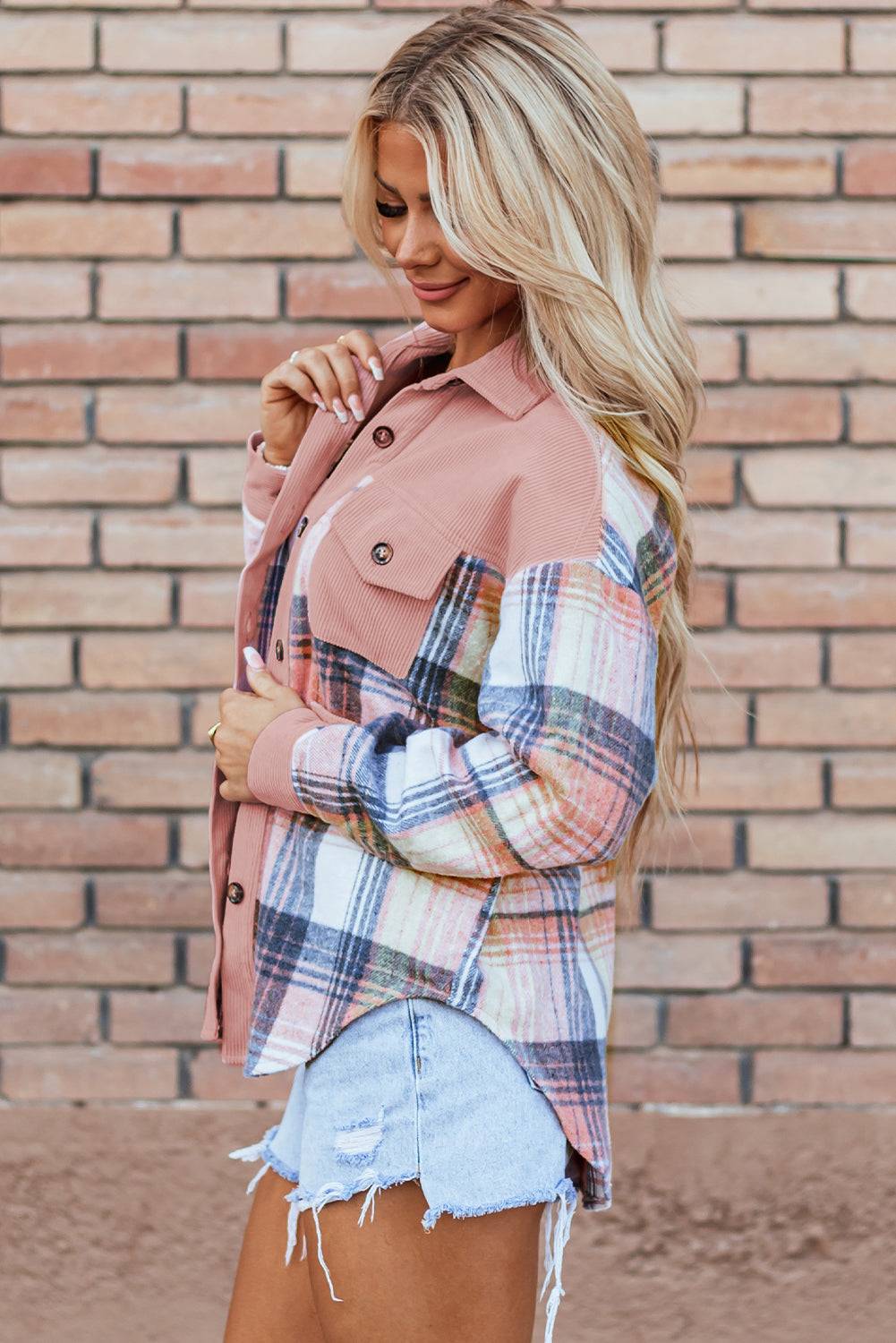 Side view of light cinnamon plaid corduroy patchwork shacket with button-up front and chest pocket. Shop now at Faith & Co. Boutique.