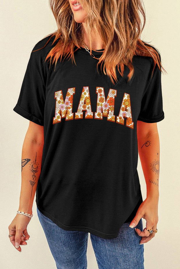 Black Flower Printed MAMA Letter Graphic T Shirt -