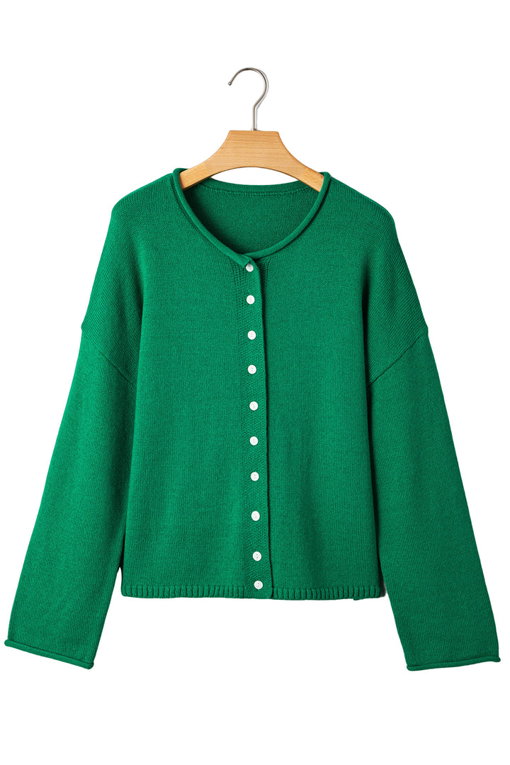 Bright Green Solid Color Knit Button Drop Shoulder Sweater Cardigan