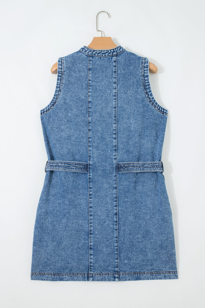 Myosotis Western Belt Button Down Sleeveless Denim Short Dress