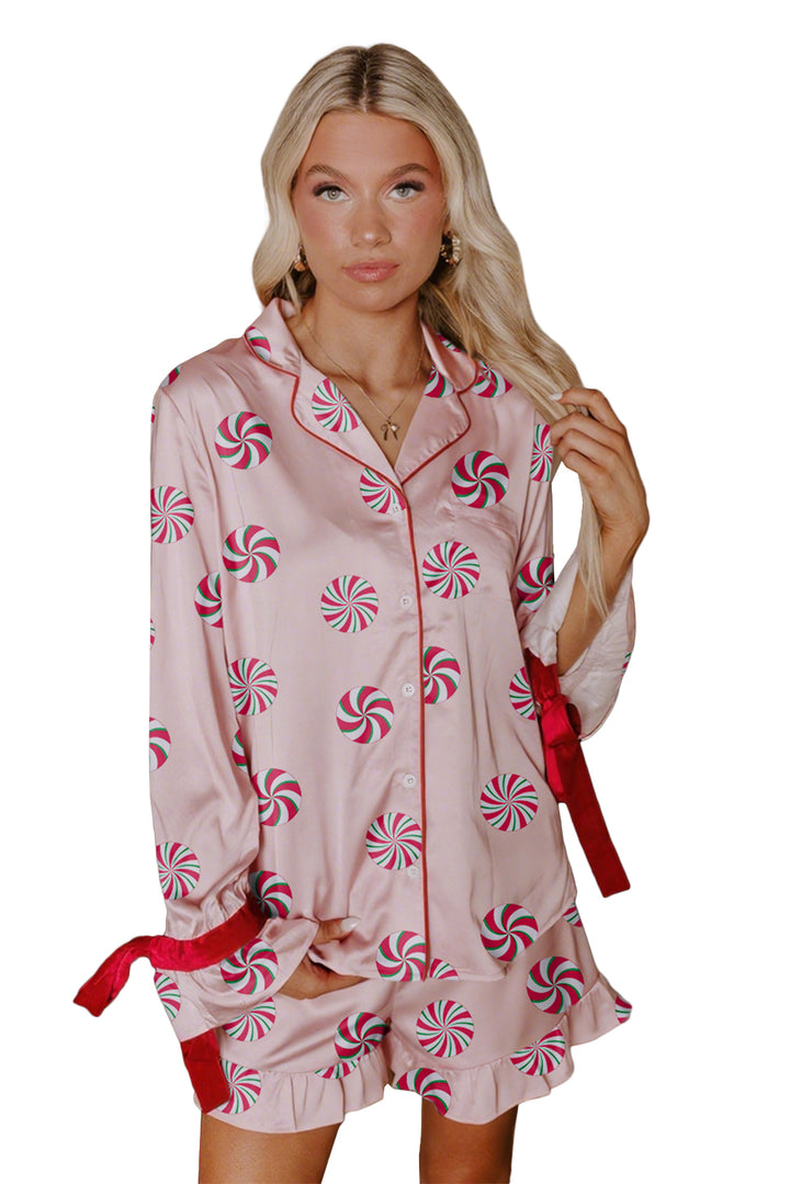 Pink Piping Trim Ruffle Hem Christmas Silky Pajama Set
