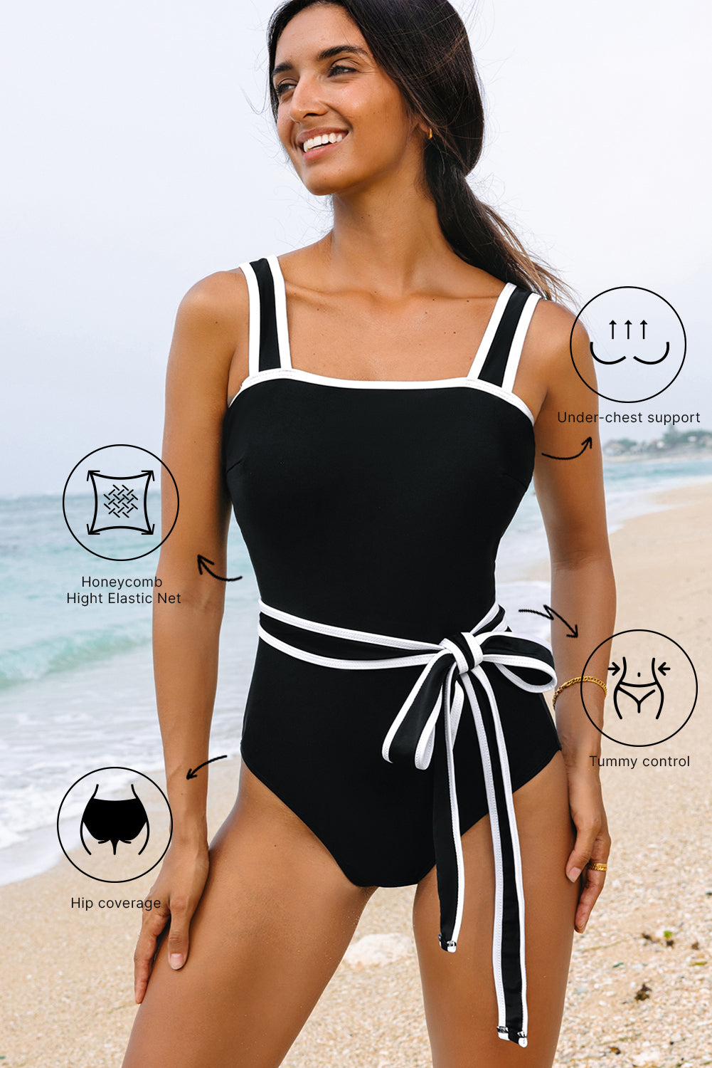 Black Colorblock Edge Belted One Piece Swimsuit with tummy control, hip coverage, and under-chest support, available at Faith & Co. Boutique.