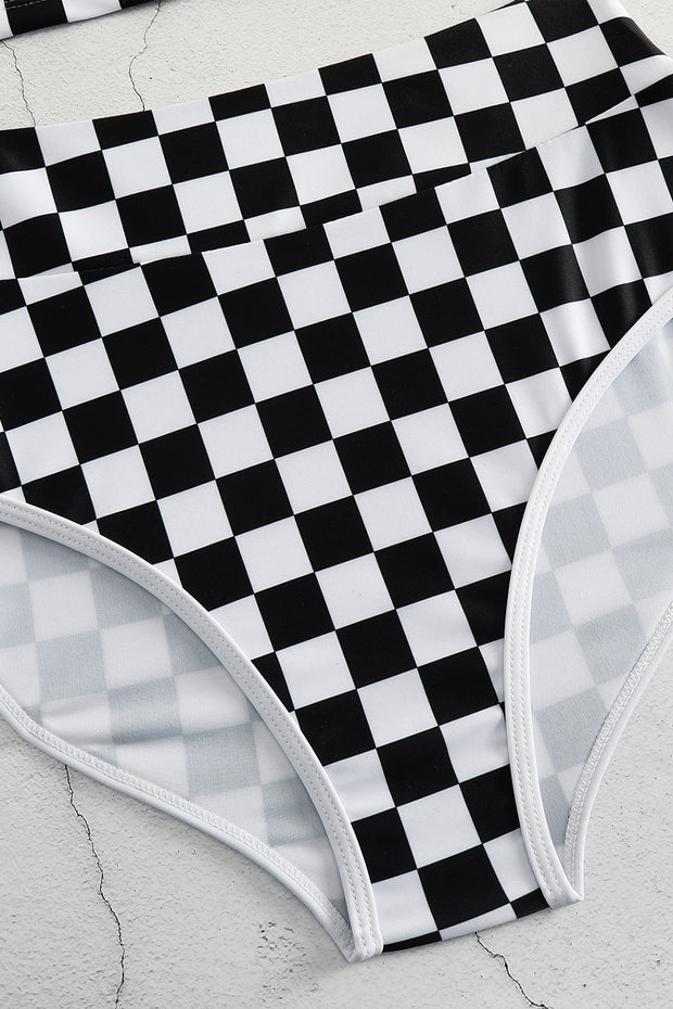 a close up of a black and white checkered underwear