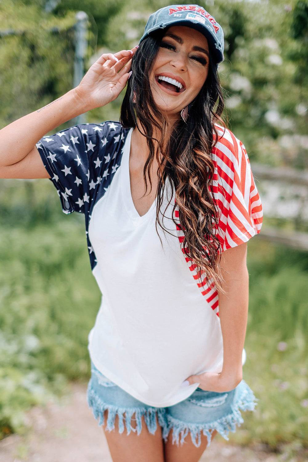 American Flag Print Short Sleeve V Neck T Shirt -