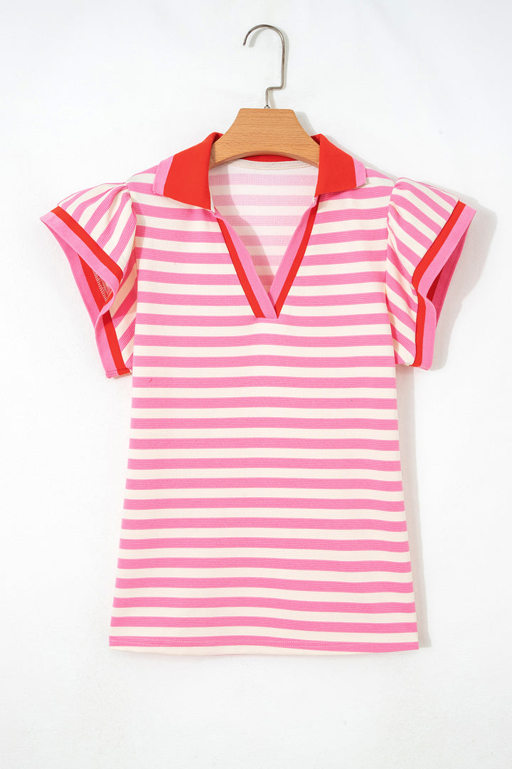 Stripe Contrast Trim Polo Collar Ruffled Short Sleeve Blouse