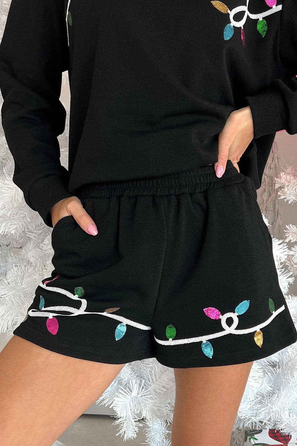 Black Sequin Merry Graphic Pullover and Shorts Outfit