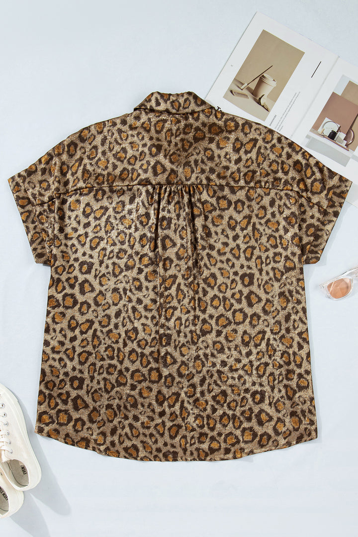 Gold Plus Size Leopard Print Short Sleeve Dolman Shirt