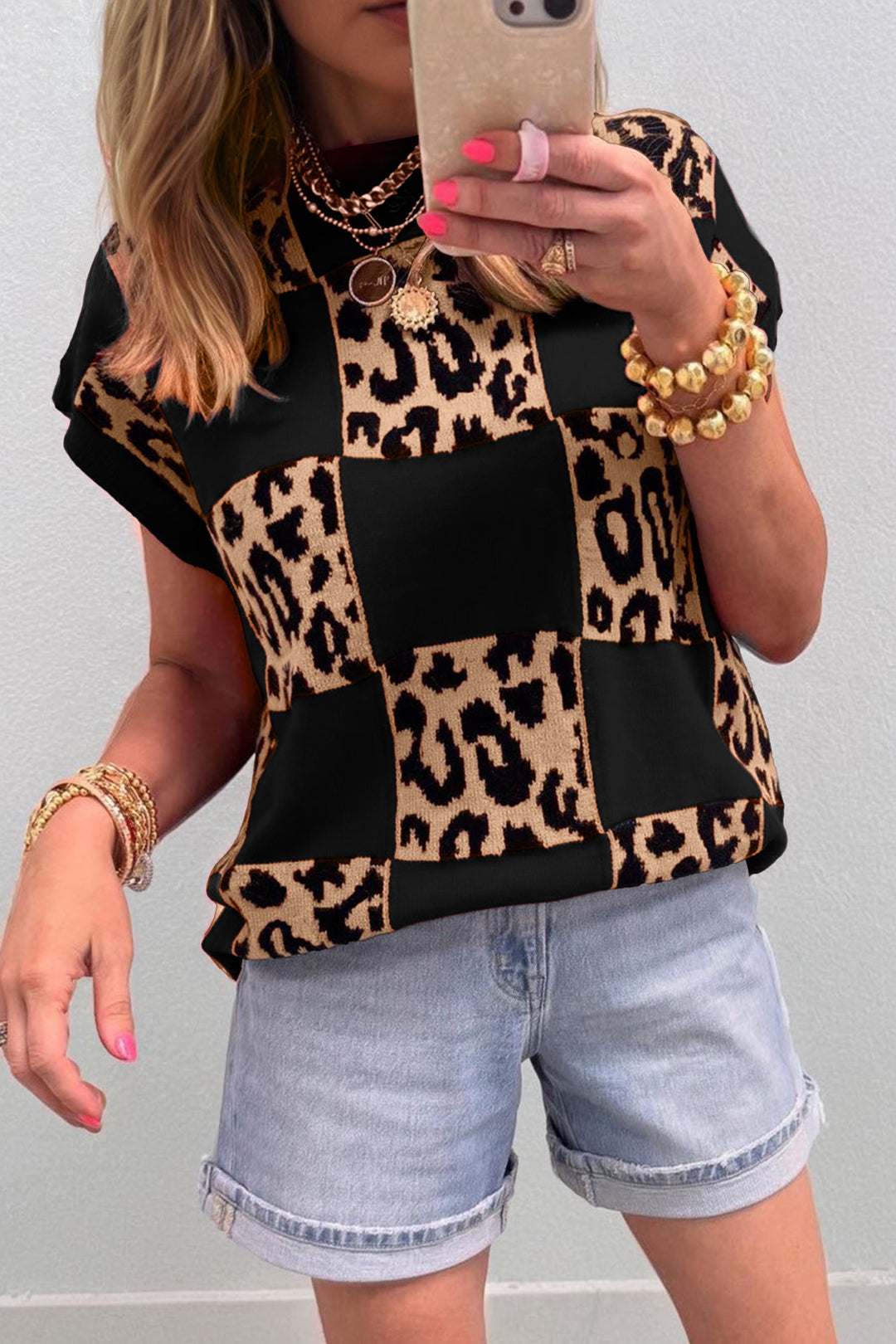 Leopard Checkerboard Short Sleeve Knit Sweater