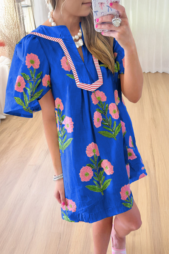 Floral Short Sleeve Split Neck Loose Mini Dress