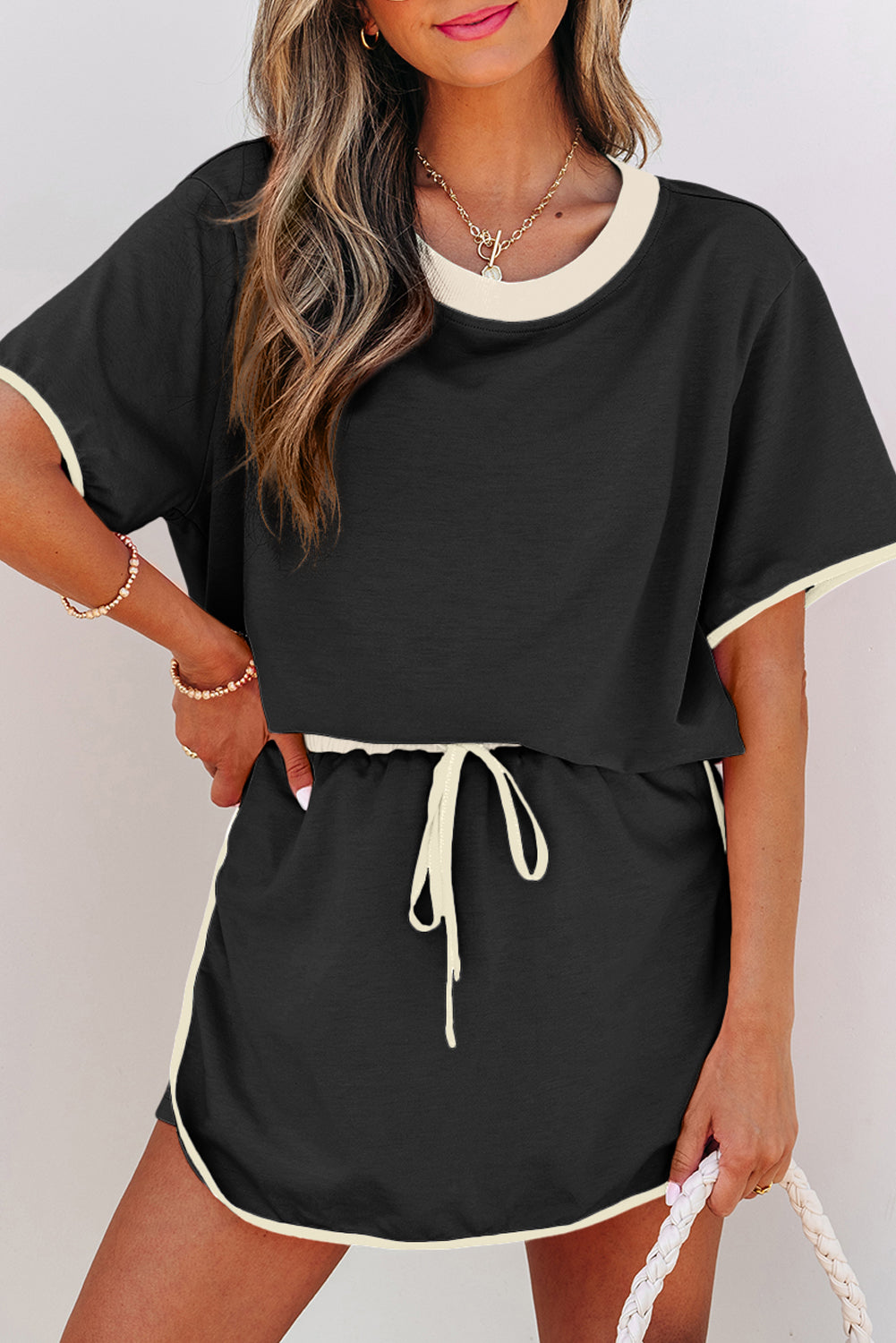 Colorblock Edge Drop Shoulder T Shirt and Skort 2Pcs Set