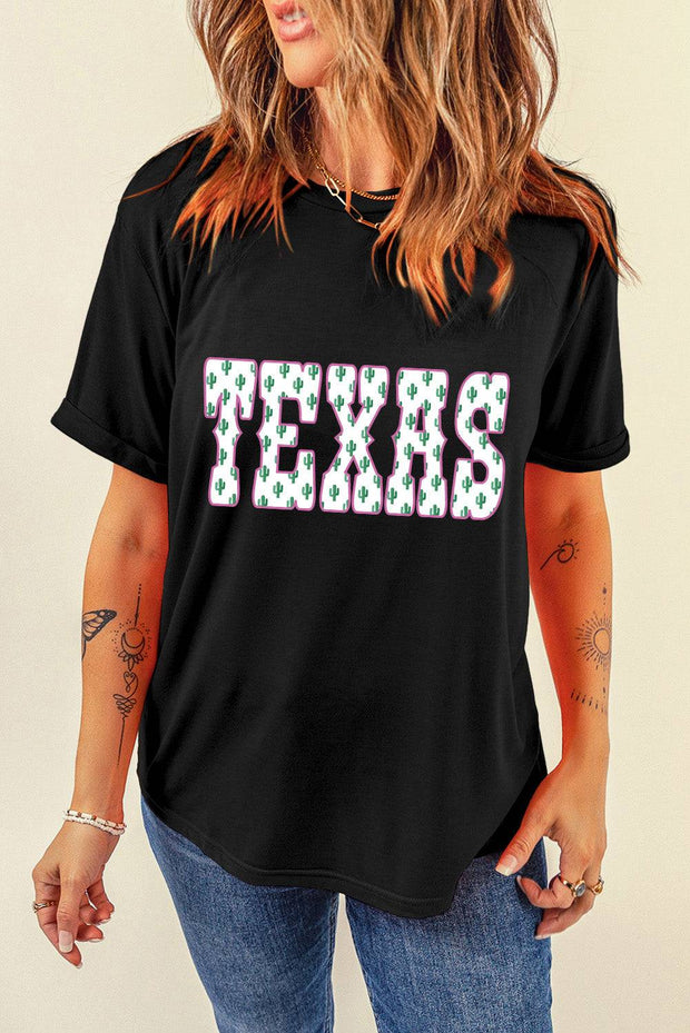Black Cactus TEXAS Graphic Roll Up Sleeve T Shirt -