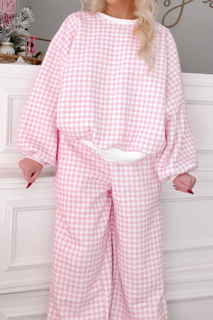 Pink Plaid Long Sleeve Two Piece Pant Set