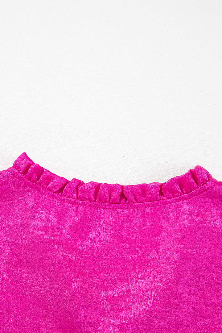 Detail of back neckline on Pink Metallic Frilled V Neck Puff Sleeve Babydoll Blouse, featuring subtle ruffle trim for added elegance.