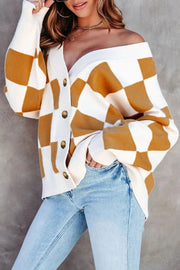 Checkered Print Button Up Sweater Cardigan -