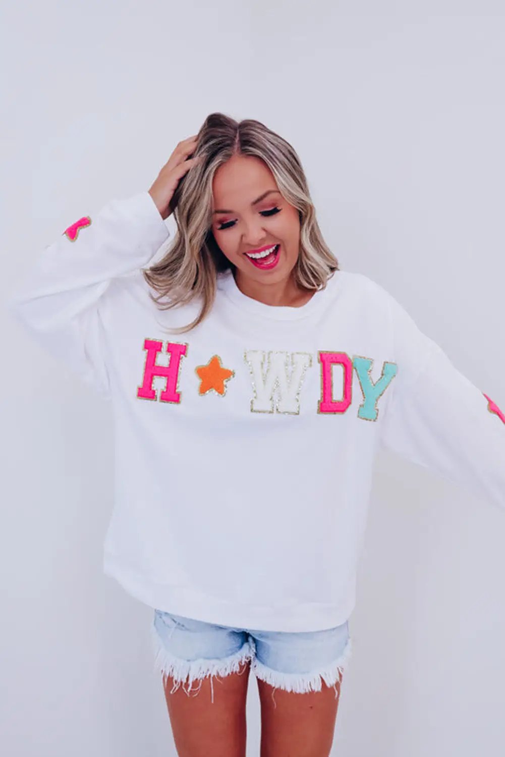 White Howdy Glitter Chenille Patch Graphic Casual Sweatshirt -