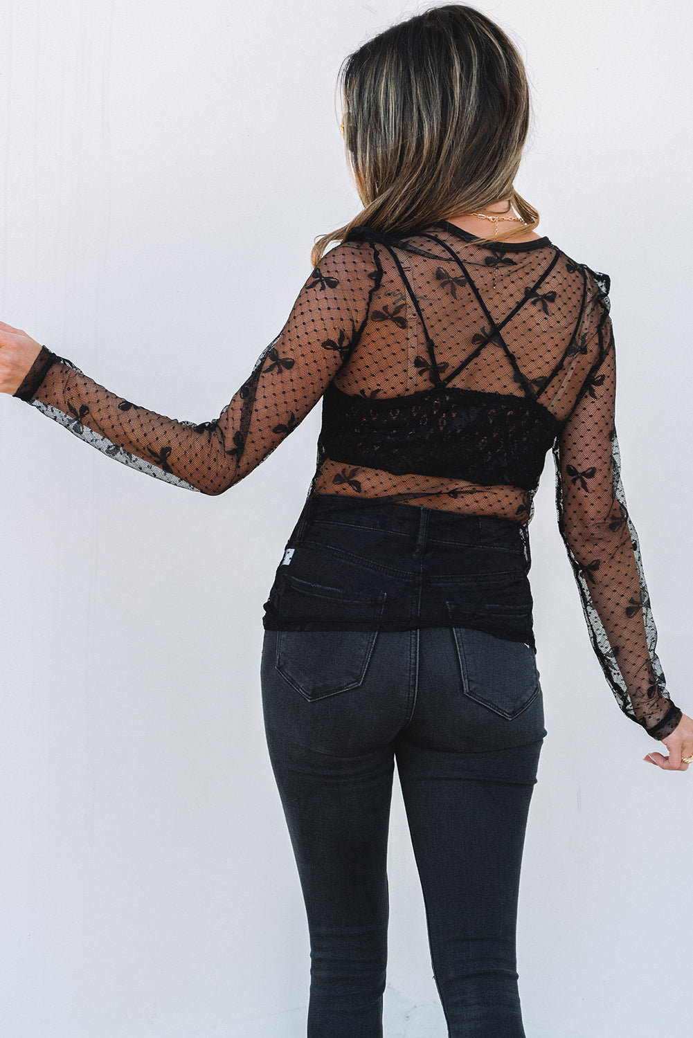 Black Bow Pattern Accent Mesh Long Sleeve Top