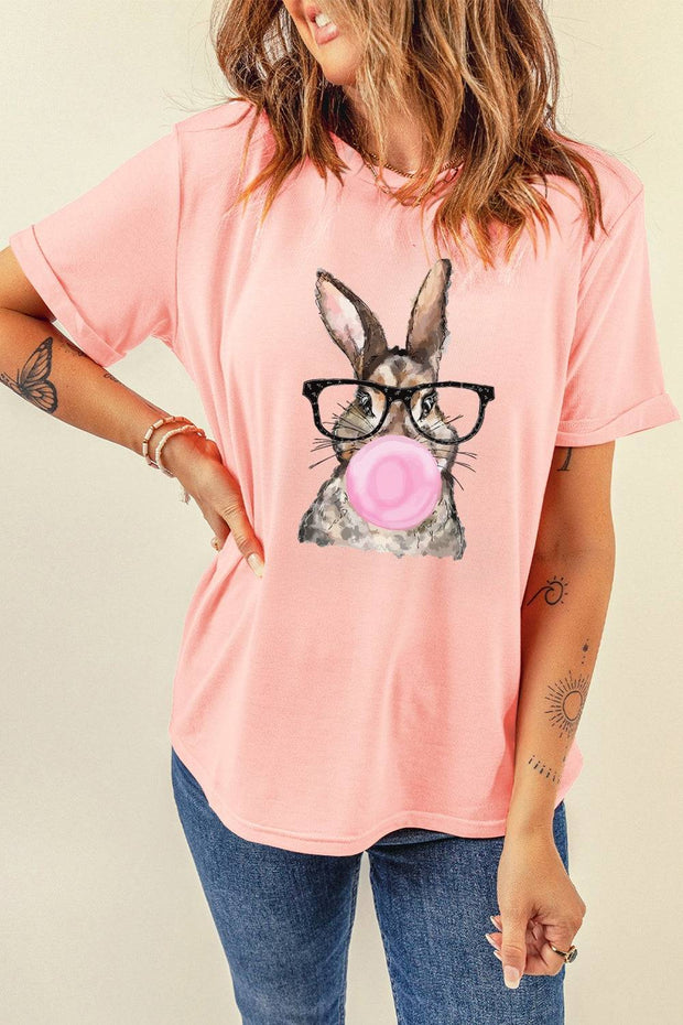 Rabbit Round Neck Short Sleeve T-Shirt - Peach / S