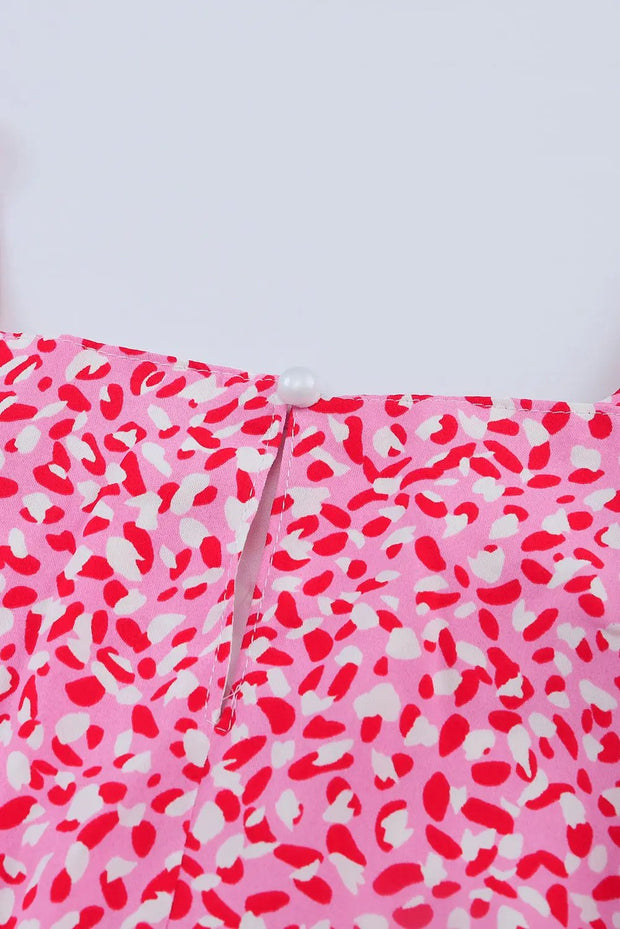 Pink Leopard Print Sleeveless Mini Dress with Waist Tie -