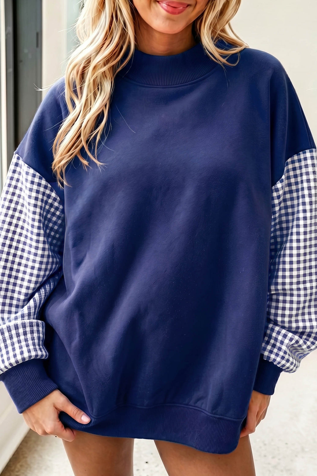 Plaid Sleeve Color block Loose Tunic Sweatshirt