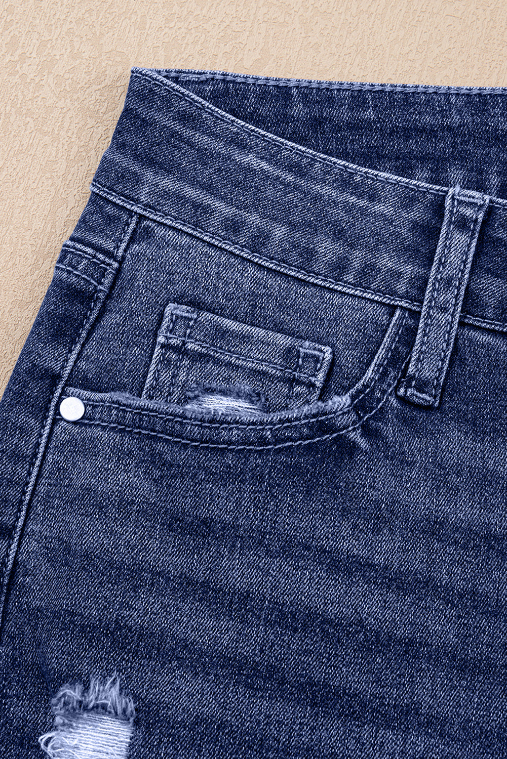 Real Teal Folded Cuffs Distressed Straight High Waist Jeans