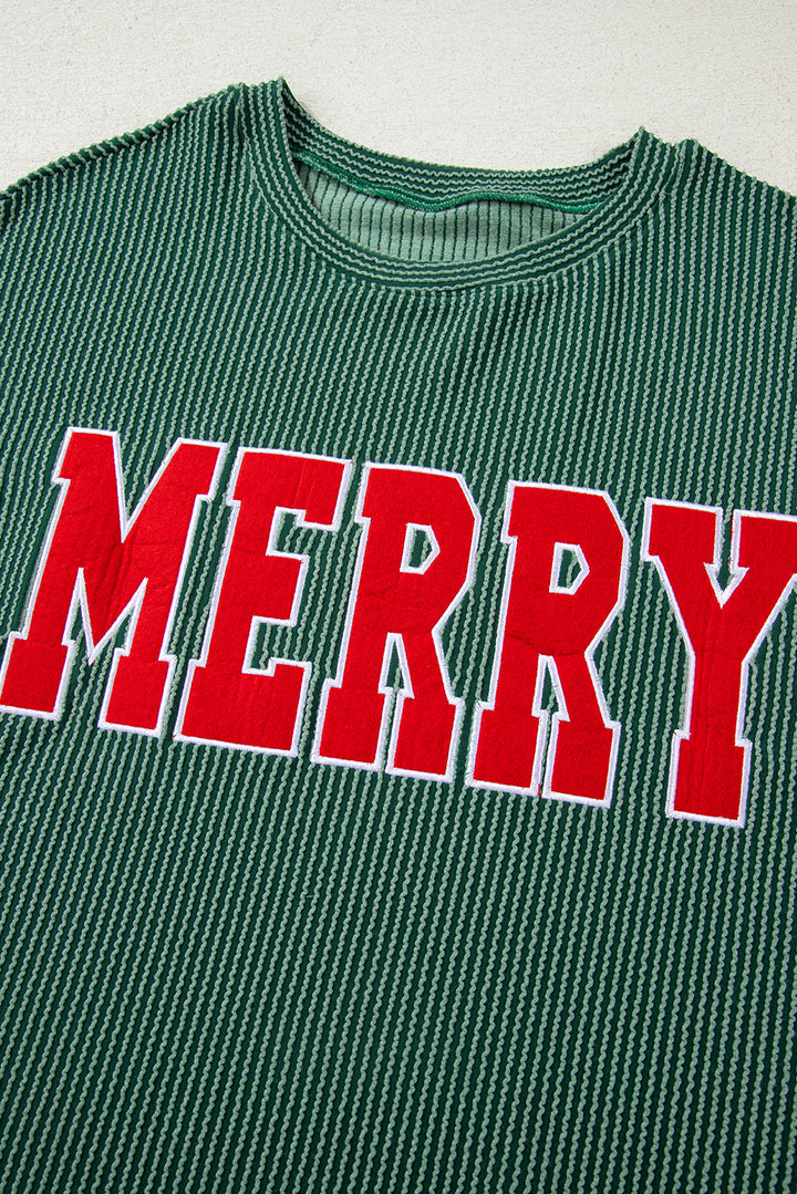 Twisted Rib Outlined Merry Letter Graphic Loose Long Sleeve Top