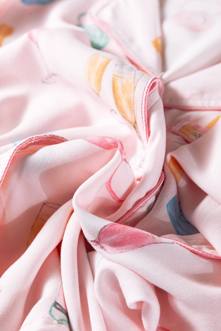 Christmas Wine Glass Print Bow Knot Two Piece Pajama Set