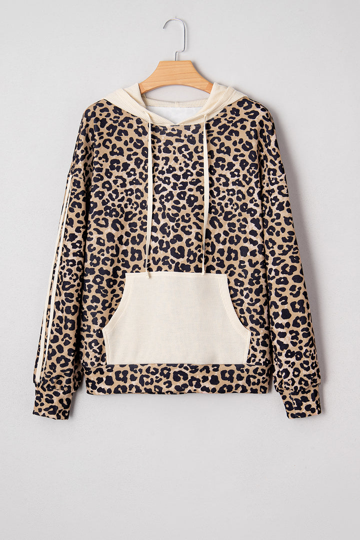Leopard Print Waffle Contrast Kangaroo Pocket Hooded Sweatshirt