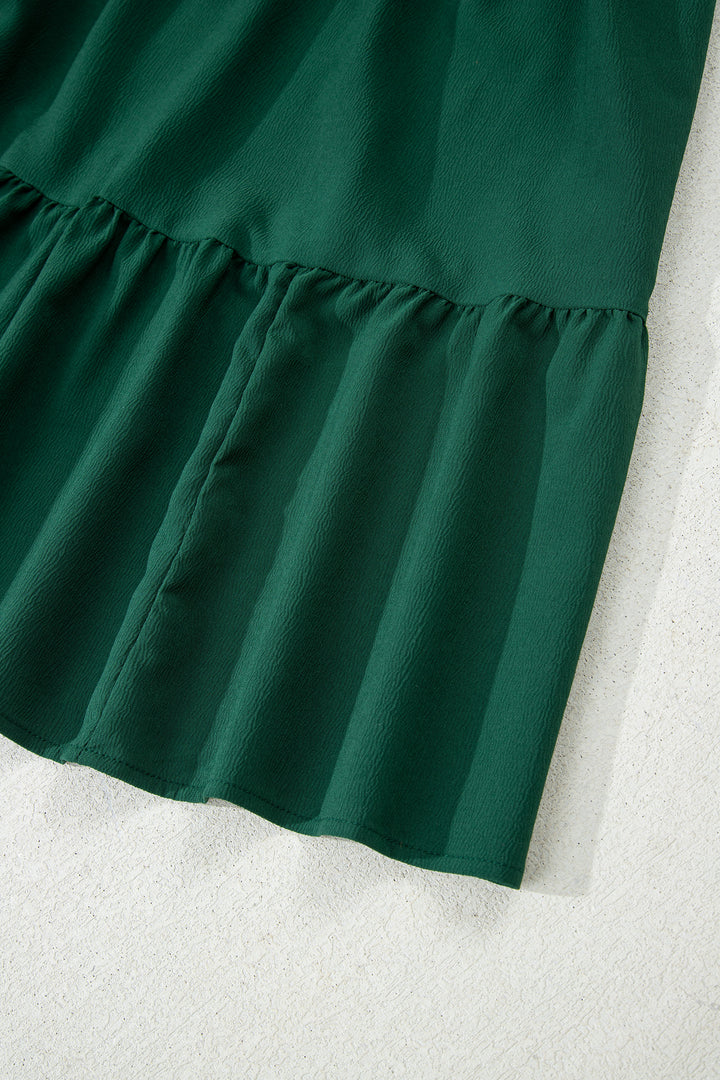 Blackish Green Solid Long Sleeve Button V Neck Tiered Maxi Dress